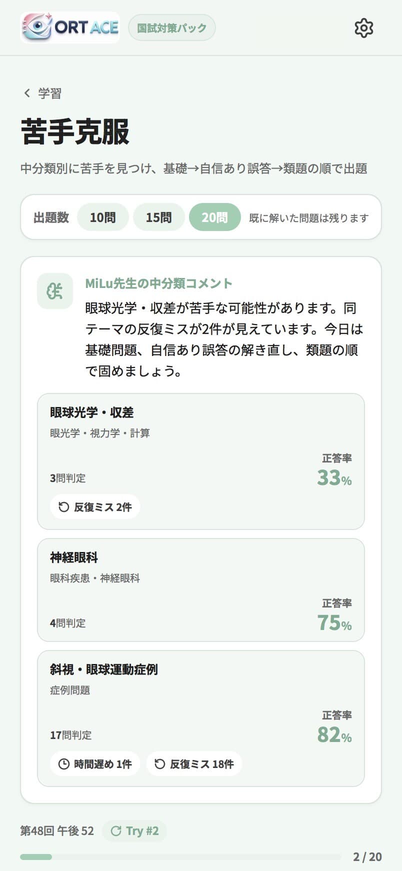 苦手克服画面：中分類ごとの正答率と反復ミスを分析している画面